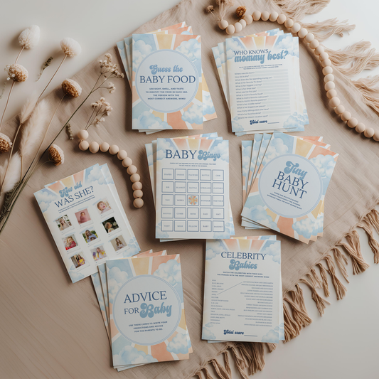 50 Here Comes the Son Baby Shower Games Bundle | Editable Canva Boy Shower Templates