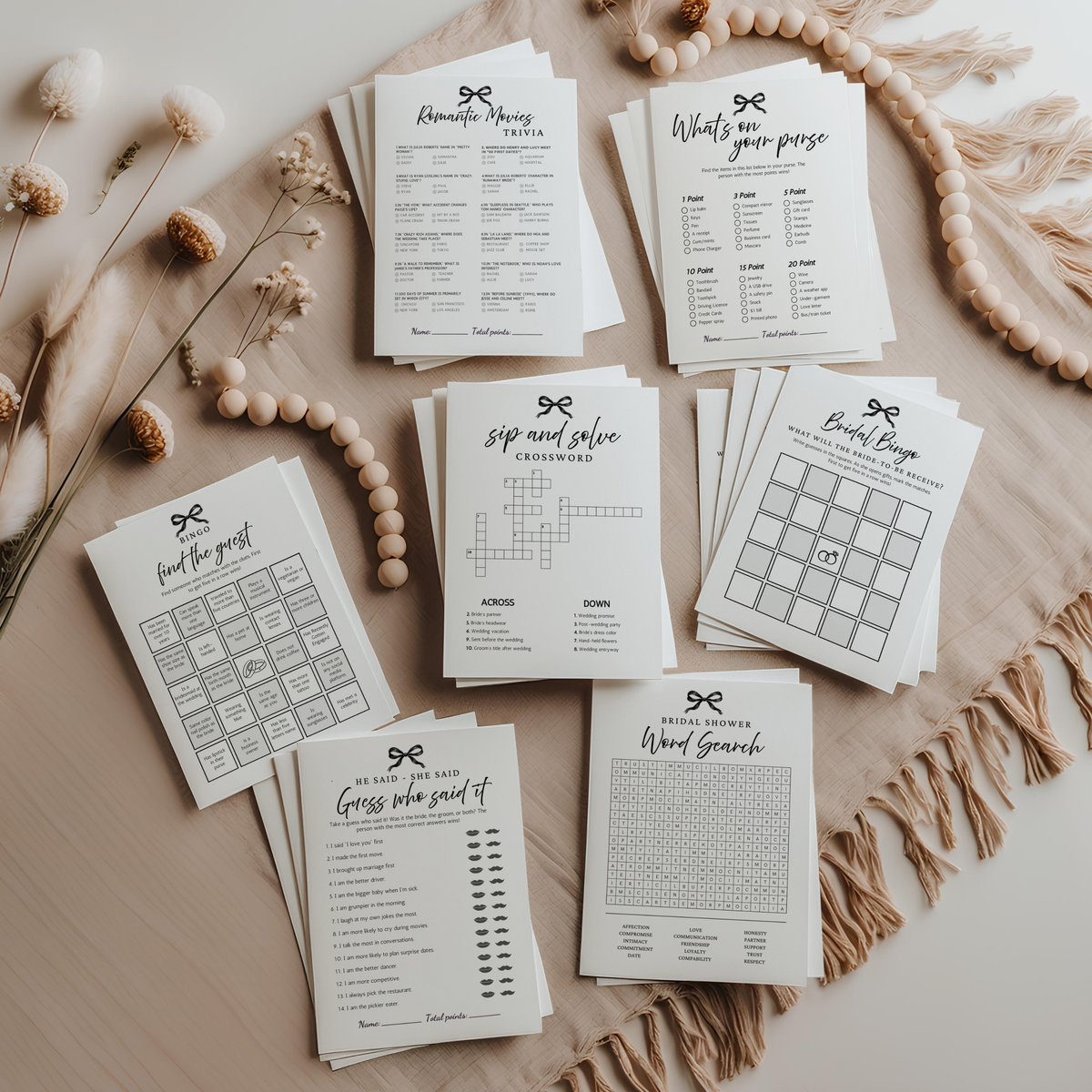 80+ She’s Tying the Knot Bridal Shower Games Bundle | Editable Canva Coquette Bow Templates